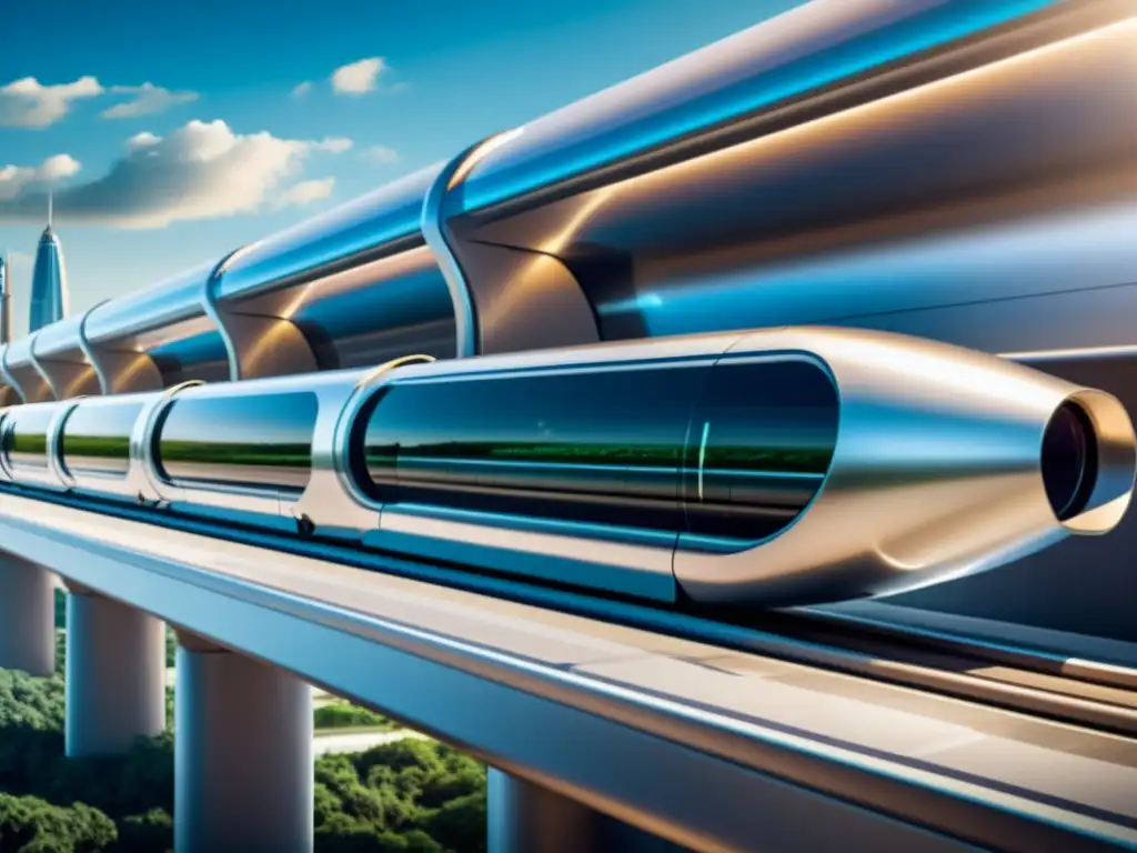 Avanzado sistema de transporte Hyperloop con cápsulas de diseño innovador en un entorno urbano futurista