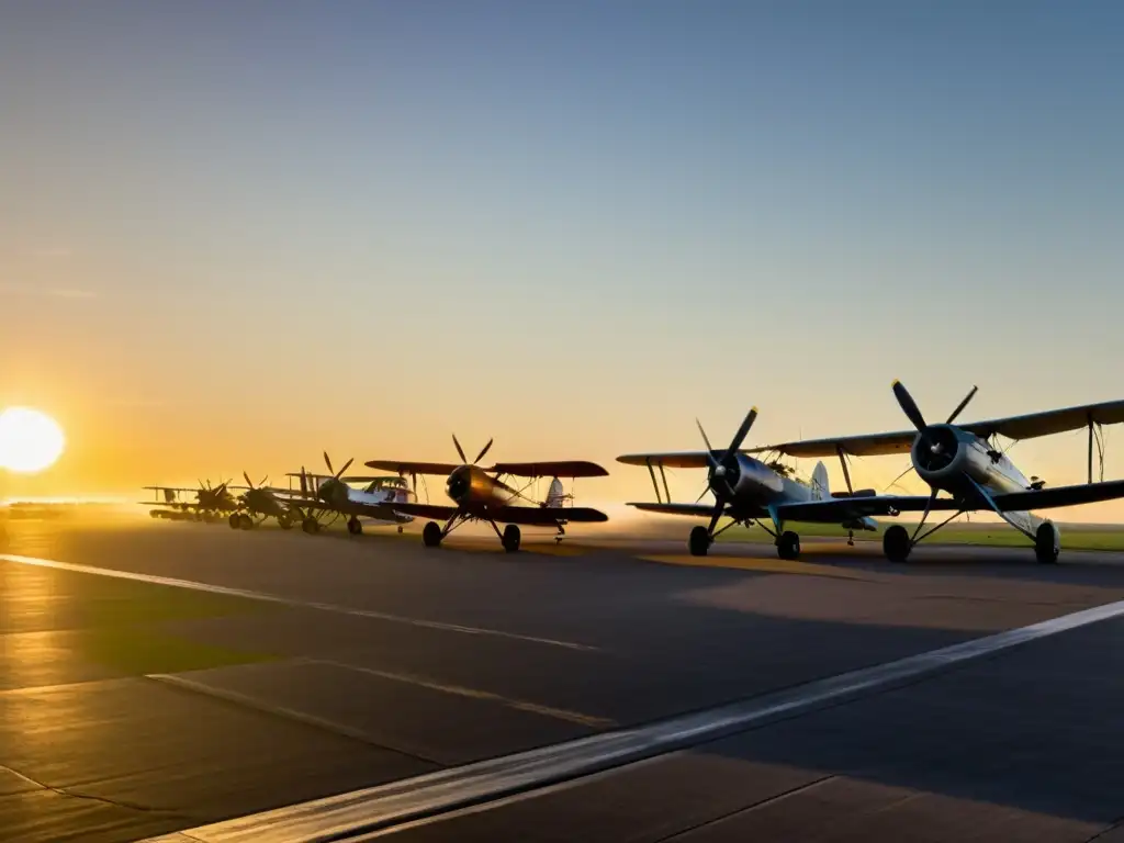 Aviación militar revolución industrial: Atardecer cálido en base aérea, aviones antiguos y personal en actividad