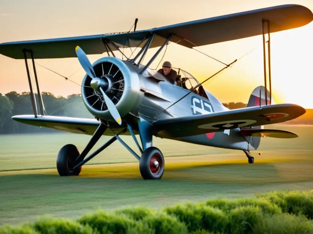 Aviación pionera: biplano vintage en campo al atardecer, mecánico y piloto