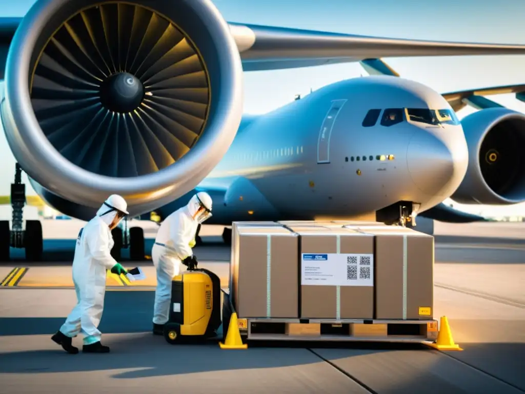 Carga aérea: protocolos de manejo de materiales peligrosos Un avión de carga es meticulosamente cargado con mercancías peligrosas, resaltando la importancia del transporte aéreo de mercancías peligrosas