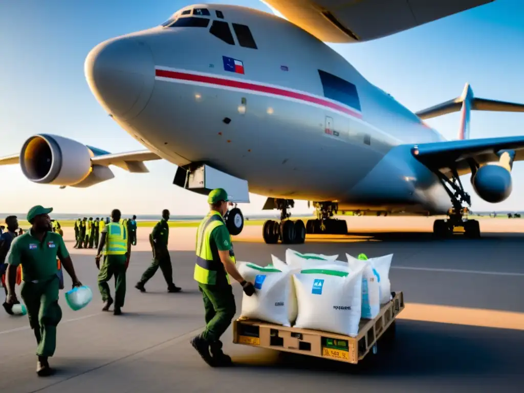 Un avión de carga siendo cargado con suministros de ayuda humanitaria mientras un equipo colabora para llevarlos a zonas remotas