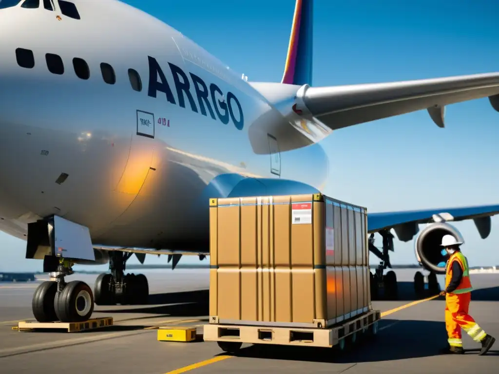 Transporte Aéreo de Carga Peligrosa: Rigurosidad y Seguridad Un avión de carga es cargado con mercancías peligrosas, mientras los trabajadores siguen estrictos protocolos de seguridad