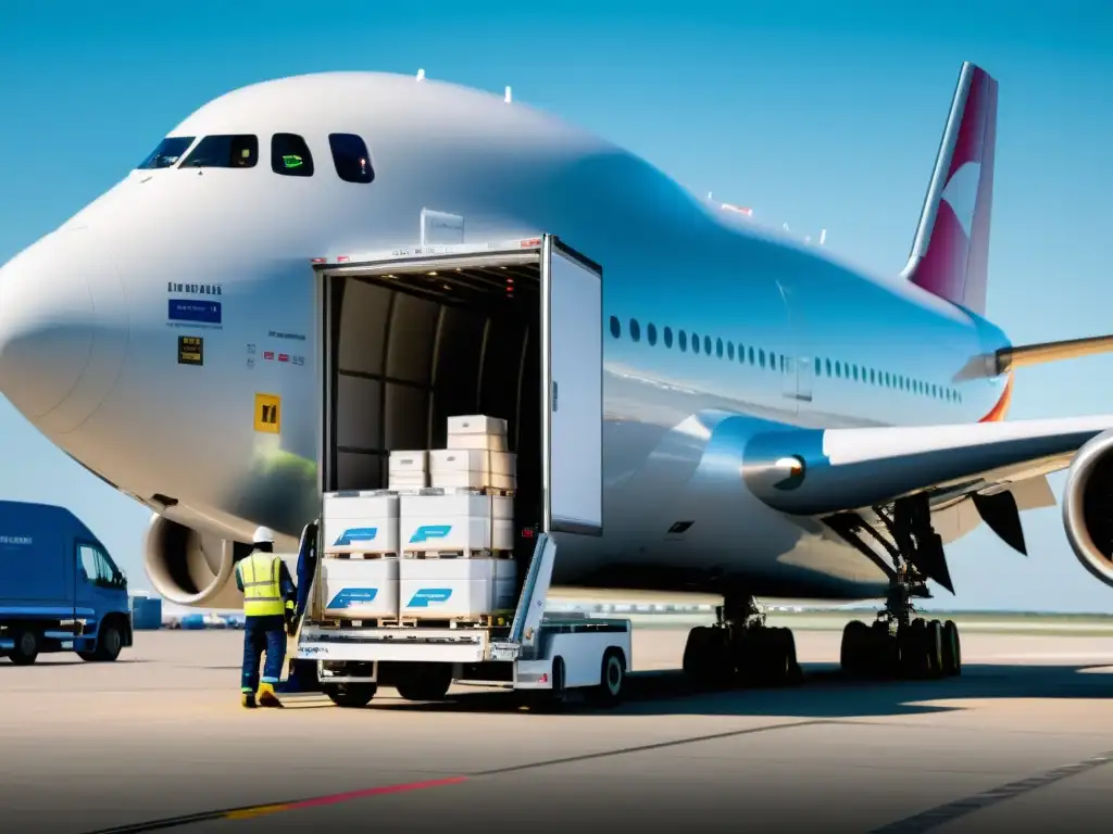 Un avión de carga refrigerado de última generación cargando productos farmacéuticos y bienes perecederos, con trabajadores manejando cuidadosamente la valiosa carga en un bullicioso aeropuerto