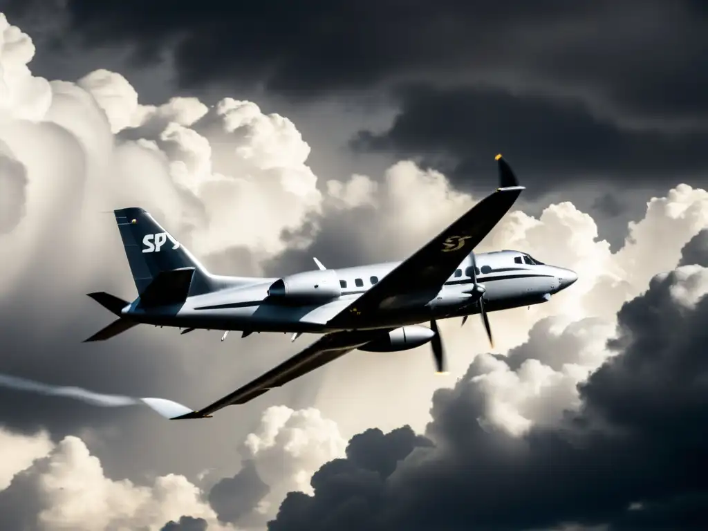 Un avión espía vintage surca el cielo nublado, evocando historias de vigilancia en aviación