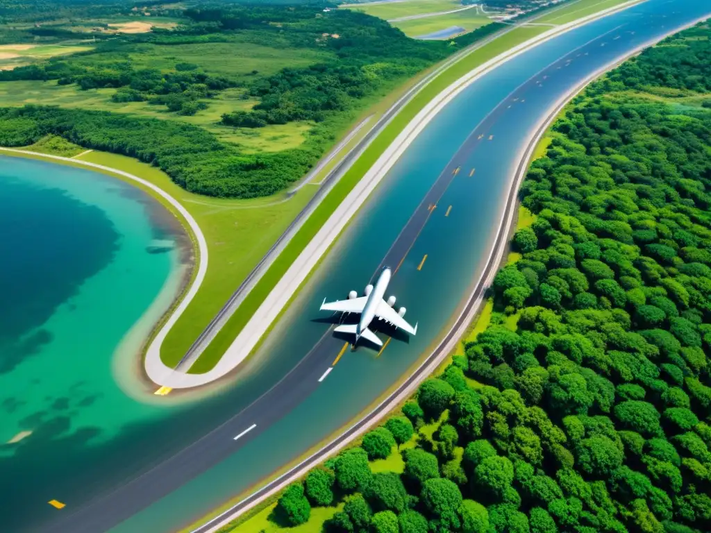 Avión comercial aterrizando en aeropuerto rodeado de naturaleza, cumpliendo normativas ICAO aviación sostenible