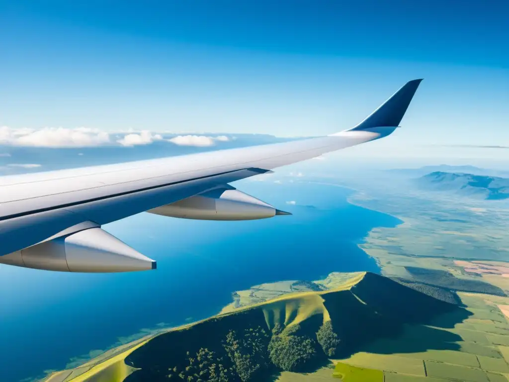 Un avión comercial moderno sobrevolando un paisaje impresionante, con cielos despejados y nubes