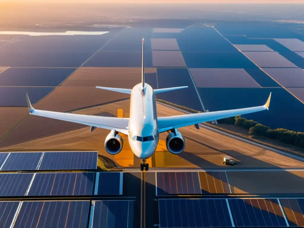 Avión comercial vuela sobre paneles solares al atardecer