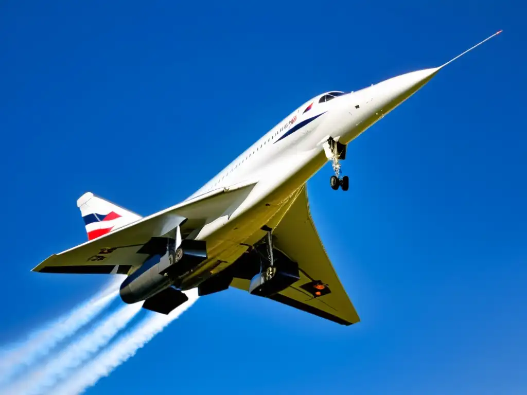 Un avión Concorde supersónico surca el cielo azul, evocando velocidad y emoción en la historia de la aviación