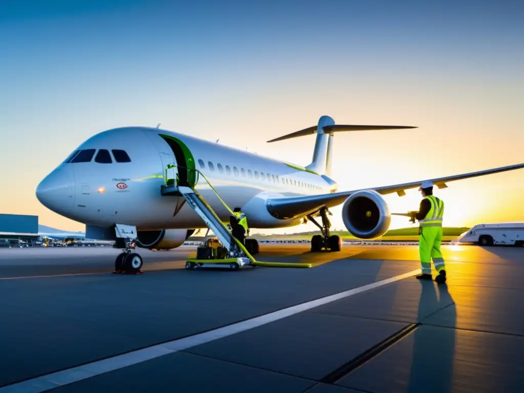 Un avión ecológico se abastece con biocombustible en una pista con personal trabajando