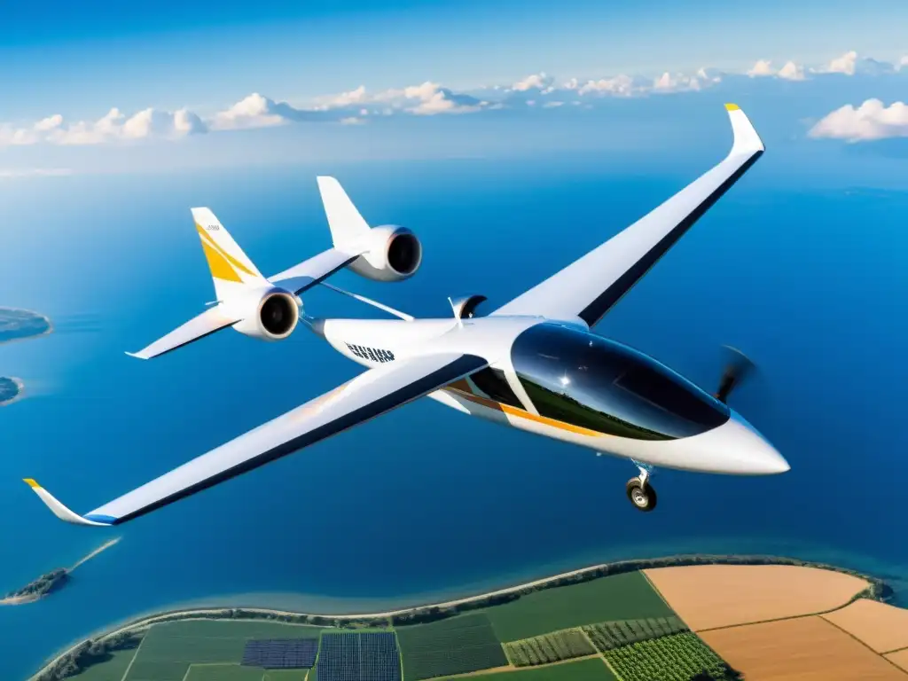 Avión eléctrico blanco despega hacia un futuro sostenible Un avión eléctrico blanco despega hacia un cielo azul claro, con paneles solares en las alas