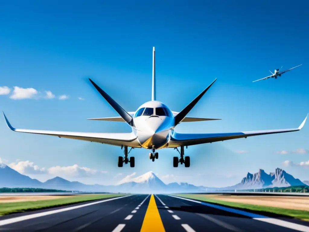 Despegue eléctrico: Avión del futuro en pista moderna Un avión eléctrico despega hacia el cielo azul en una pista moderna, transmitiendo tecnología avanzada y aviación eléctrica sostenible