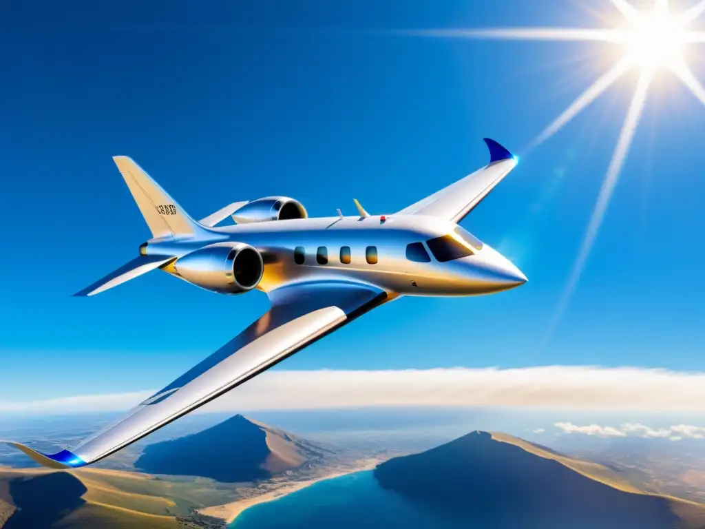 Un avión eléctrico futurista sobrevolando cielos azules con paisajes verdes y energía renovable