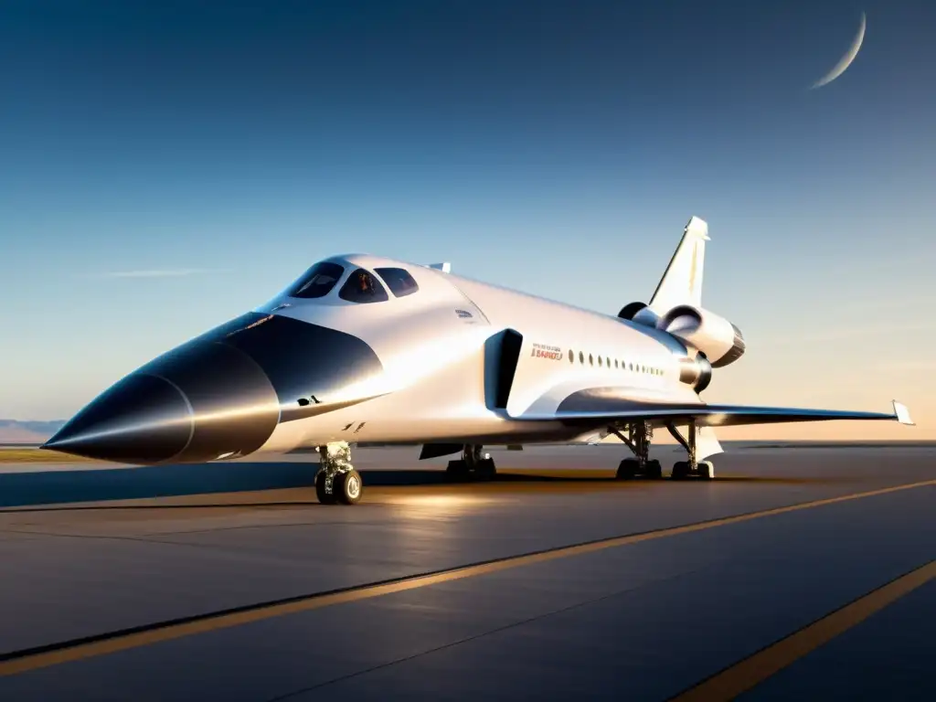 Un avión espacial futurista en la pista, rodeado de ingenieros en trajes limpios