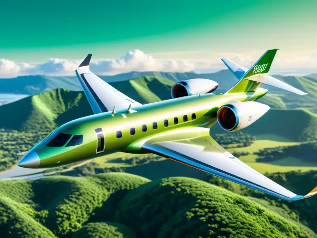 Un avión futurista surca el cielo, con diseño ecológico y tecnología verde