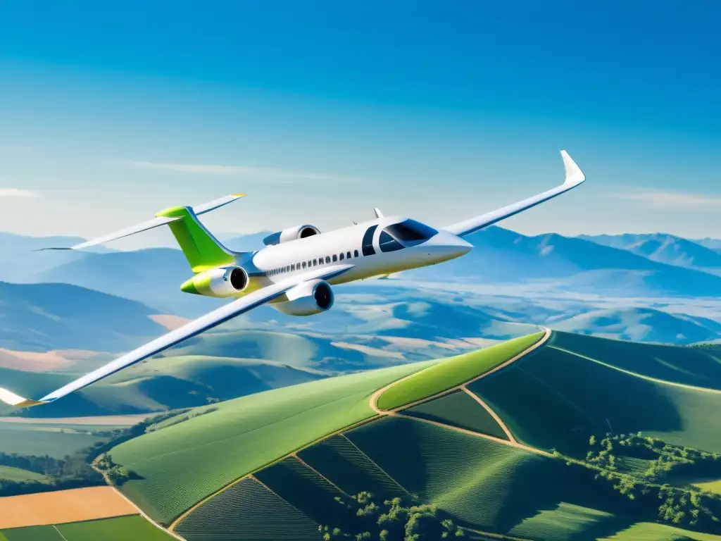 Un avión futurista y ecológico con tecnologías verdes surcando los cielos azules, rodeado de naturaleza y energía sostenible