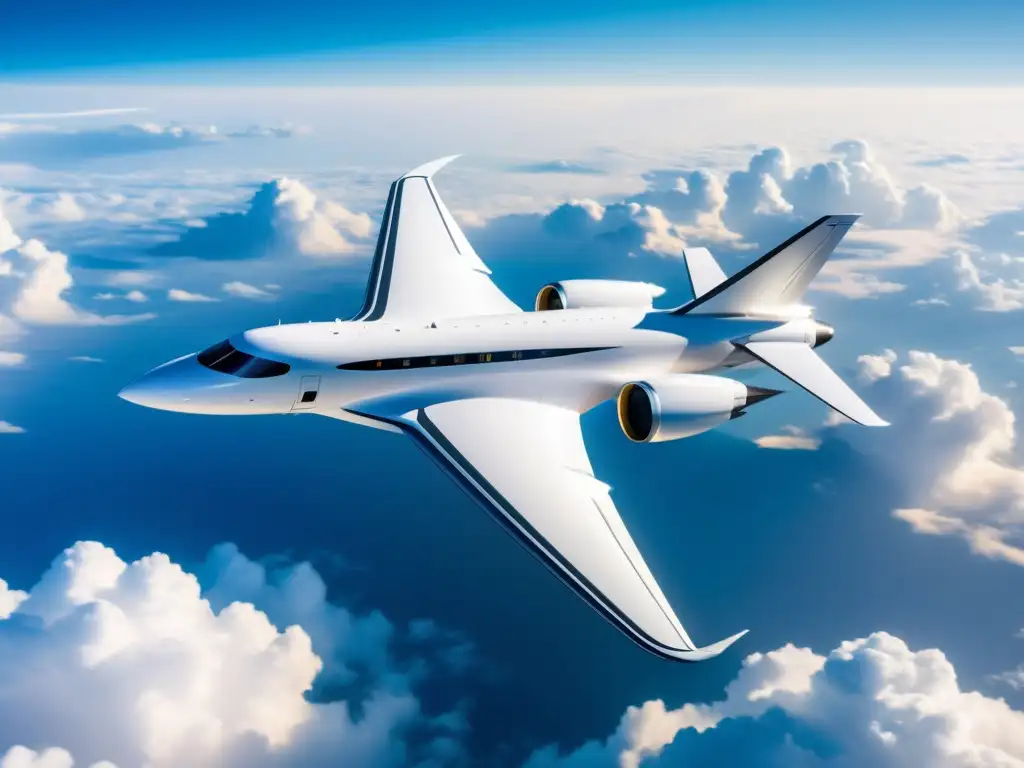 Un avión futurista y sostenible surca las nubes, mostrando innovaciones tecnológicas