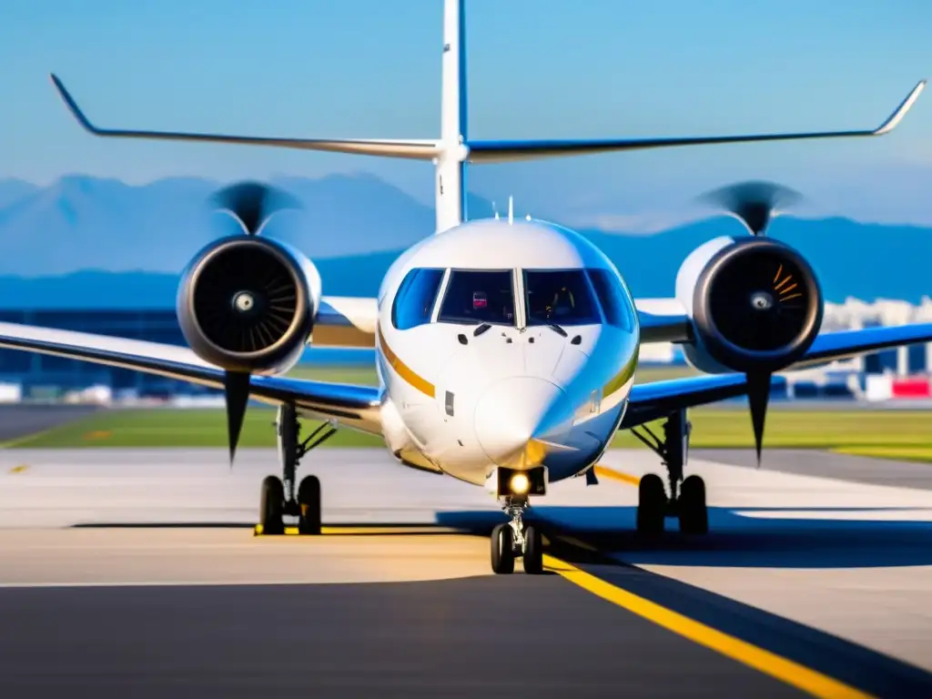 Un avión híbrido eléctrico sostenible en una pista, destacando su diseño futurista y sistema de propulsión, con el bullicio de un aeropuerto de fondo