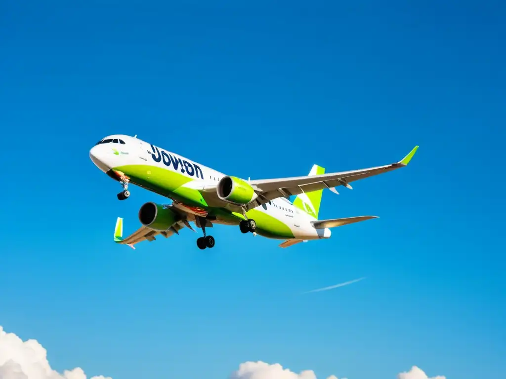 Un avión moderno y eficiente con tecnología verde sobrevolando un cielo azul claro, representando los avances en tecnologías verdes aviación