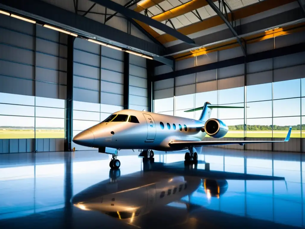 Avión moderno en hangar luminoso con materiales sostenibles en construcción aeronaves