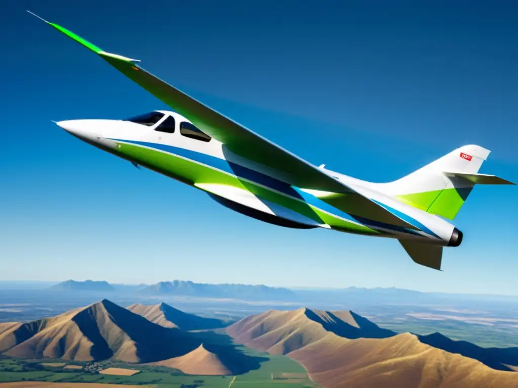 Avión moderno con tecnologías verdes, motores ecológicos y paneles solares en las alas, surcando el cielo azul