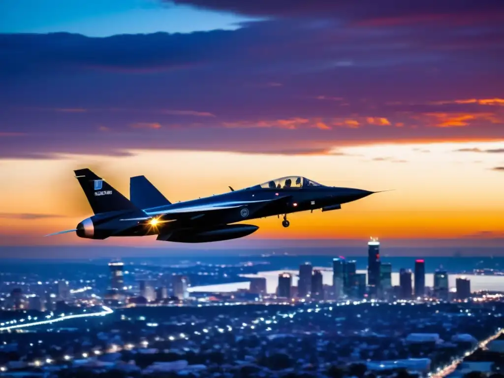 Un avión espía negro surca el cielo al atardecer, con tecnología de vigilancia avanzada