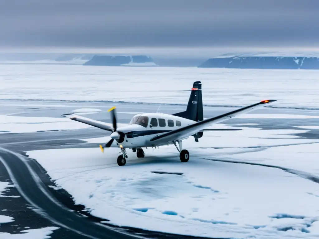 Un avión vuela bajo sobre un paisaje ártico helado, rodeado de nieve y niebla