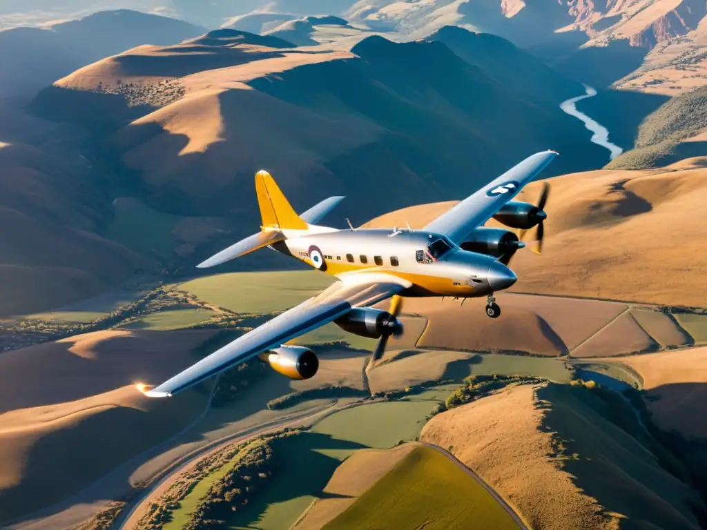 Un avión espía vintage sobrevuela un paisaje rugged al atardecer