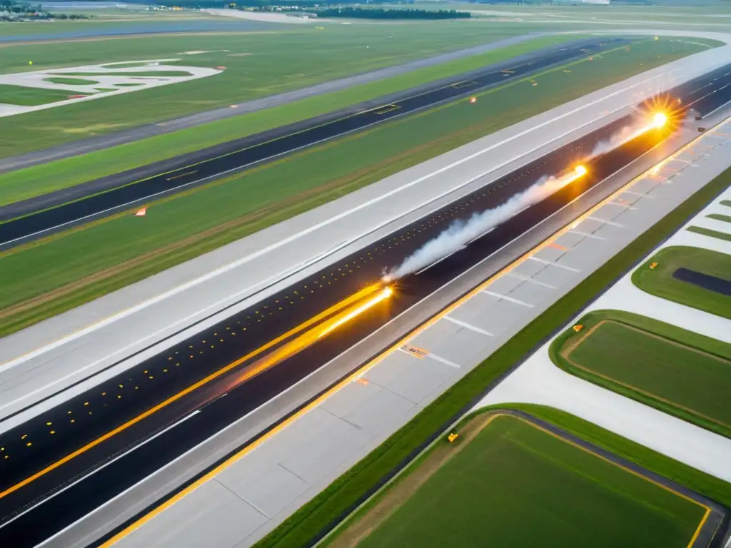 Avión aterrizando suavemente en una pista de aterrizaje segura en un aeropuerto internacional, con luces y señalizaciones