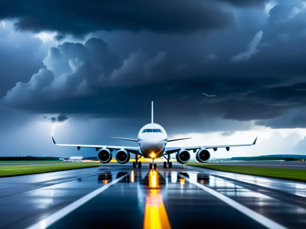 Un avión preparándose para despegar en una pista iluminada, contrastando con nubes tormentosas