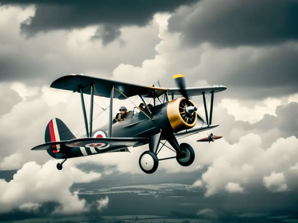 Un avión de la Primera Guerra Mundial surca los cielos entre nubes dramáticas, capturando la evolución del equipamiento básico de la aviación