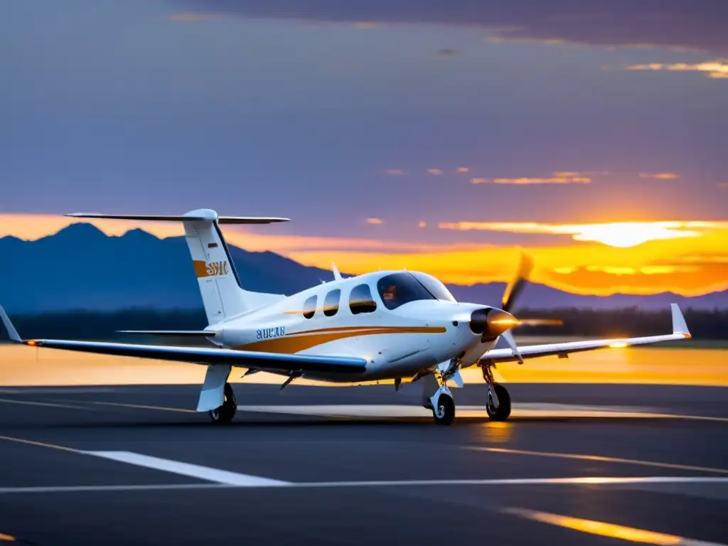 Un avión privado eléctrico blanco y futurista en la pista, con el sol poniéndose en el fondo, proyecta una cálida luz anaranjada sobre la aeronave