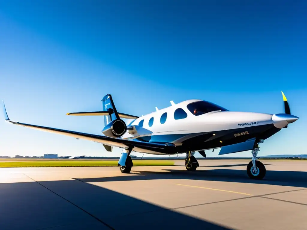 Un avión privado eléctrico innovador en la pista, con un cielo azul claro como fondo, reflejando el espíritu de la innovación en el transporte aéreo