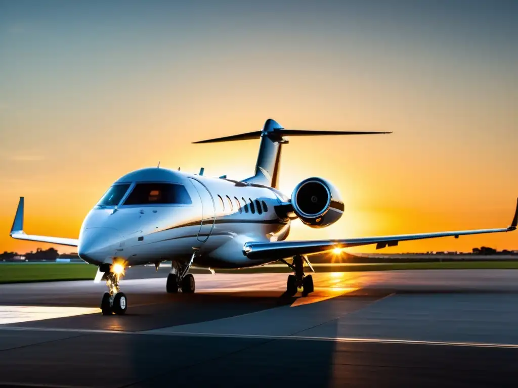 Avión privado estacionado en pista lujosa al atardecer, reflejando exclusividad