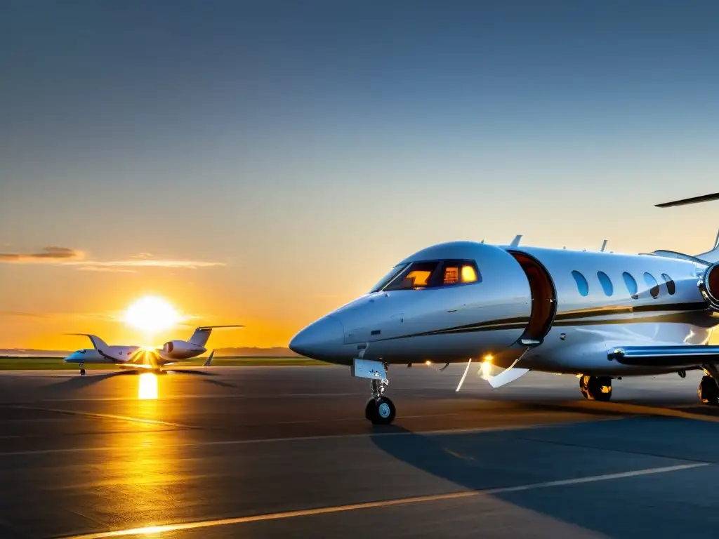 Guía para elegir avión privado: Una fila de jets privados en una pista lujosa al atardecer, irradiando exclusividad y sofisticación