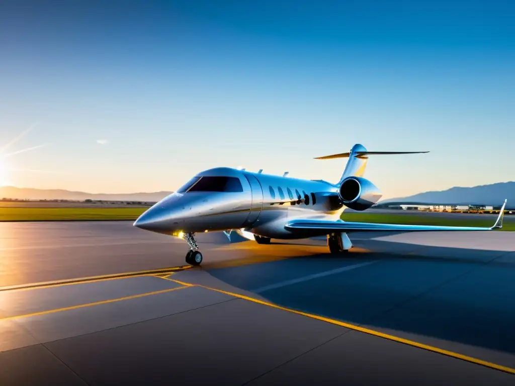 Avión privado futurista: innovación y progreso Avión privado futurista en tarmac, reflejando la luz del sol