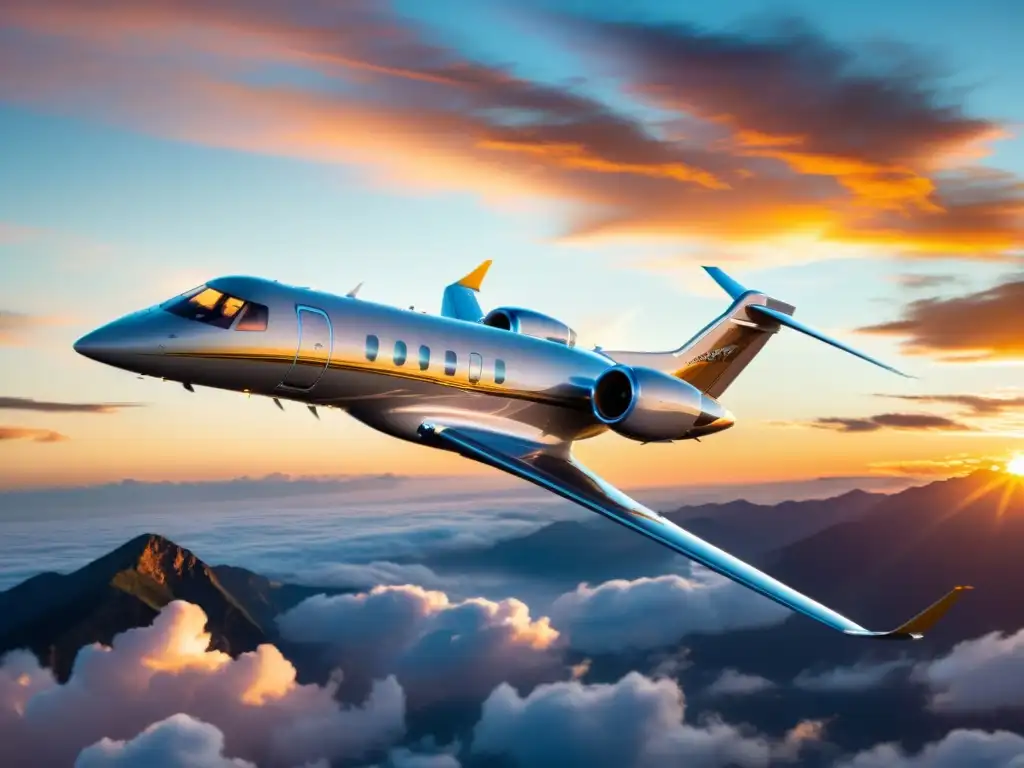 Un avión privado de lujo surca un cielo vibrante al atardecer, reflejando el sol dorado