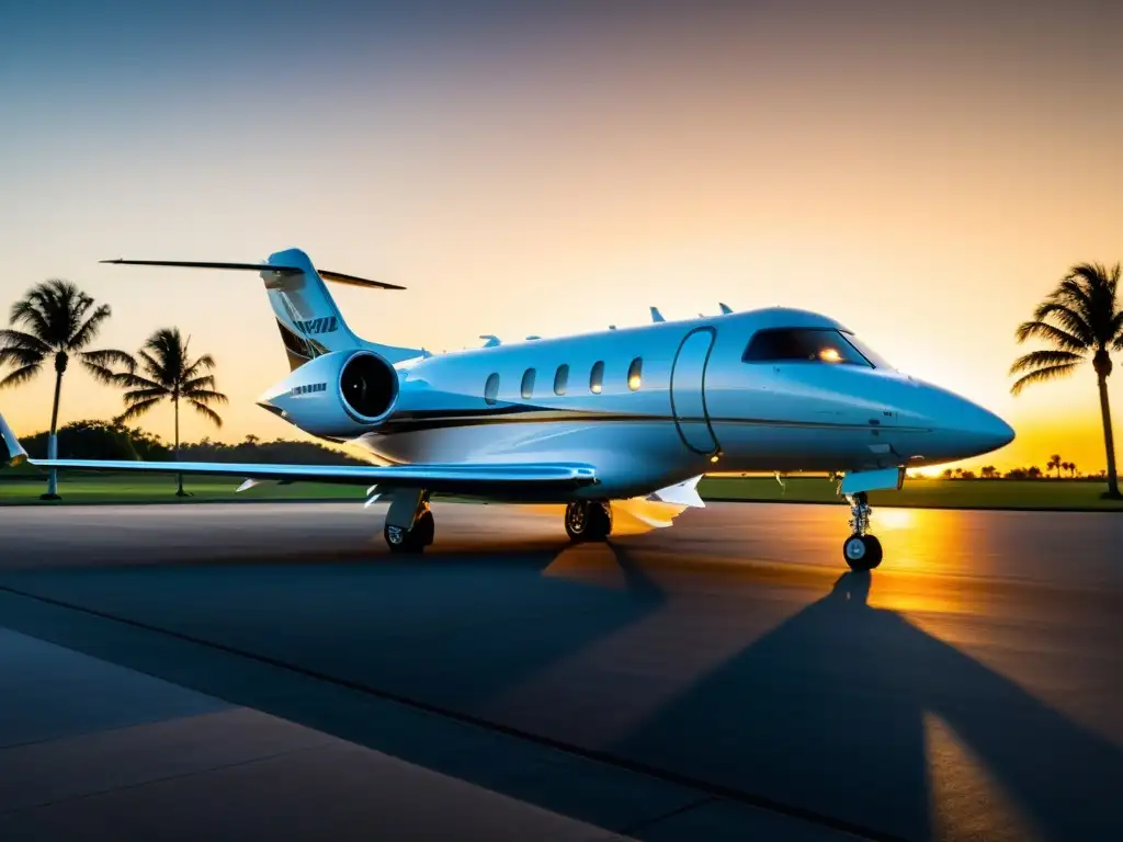 Avión privado de lujo en pista al atardecer, con palmeras al fondo