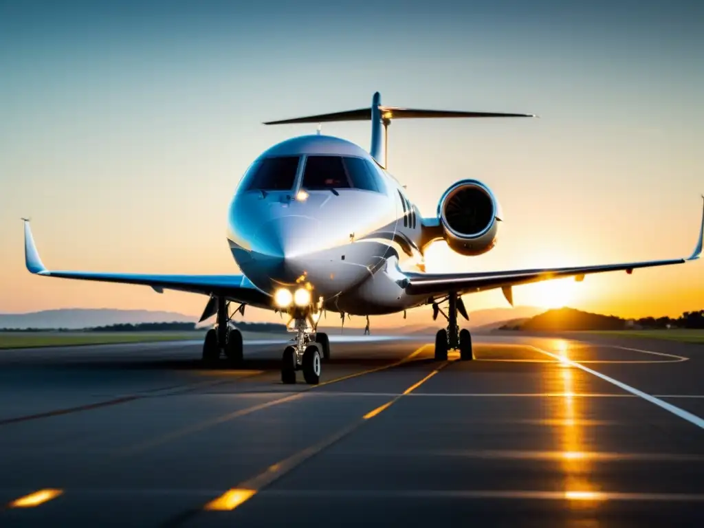 Un avión privado de última generación en la pista, reflejando la luz del sol