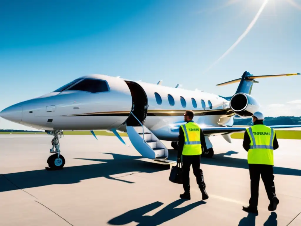 Avión privado de vanguardia en el tarmac, rodeado de técnicos en chalecos de alta visibilidad realizando protocolos seguridad aviación privada