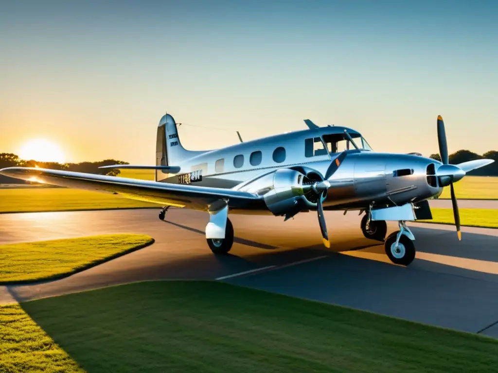 Un avión privado vintage en una pista de césped, mientras el piloto realiza controles previos al vuelo