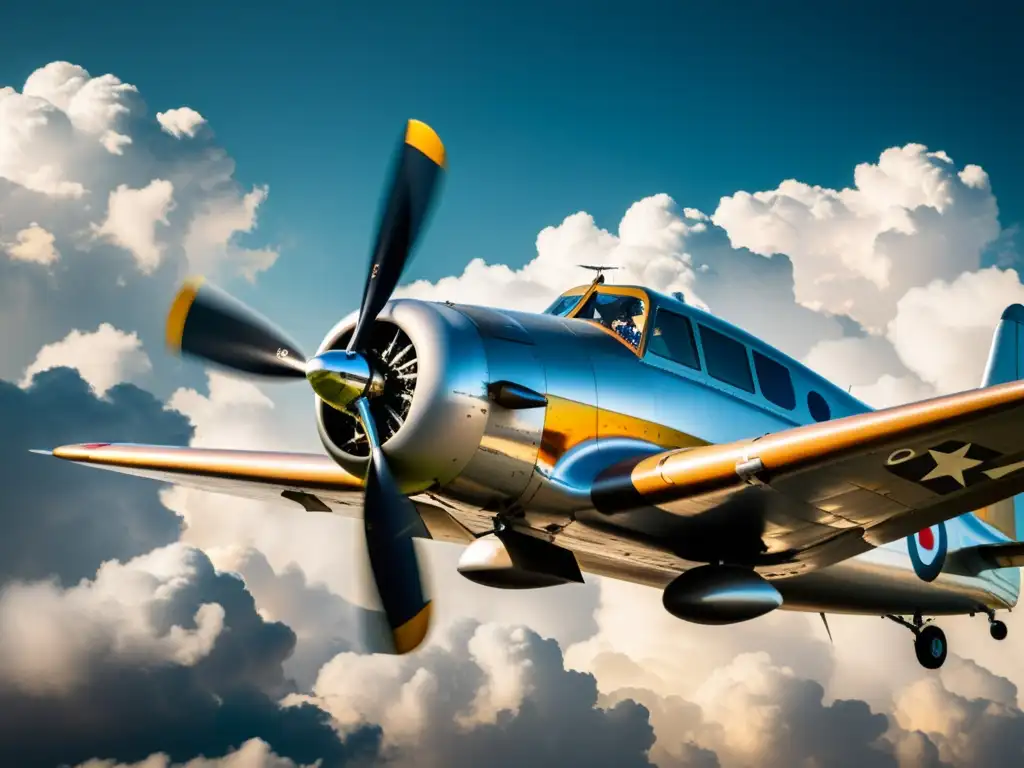 Avión vintage en vuelo: detalles del motor y la hélice en alta resolución Un avión vintage vuela en el cielo nublado, mostrando detalles de su motor y hélice