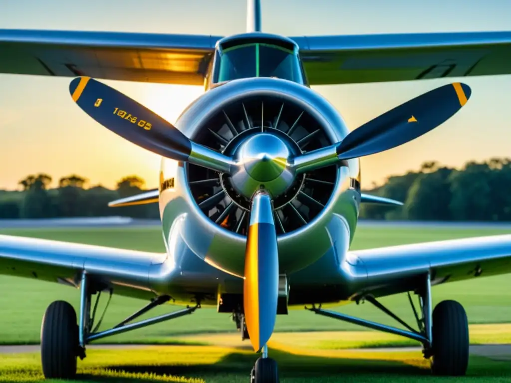 Un avión vintage con hélice estacionado en un campo, bañado por la cálida luz del sol matutino