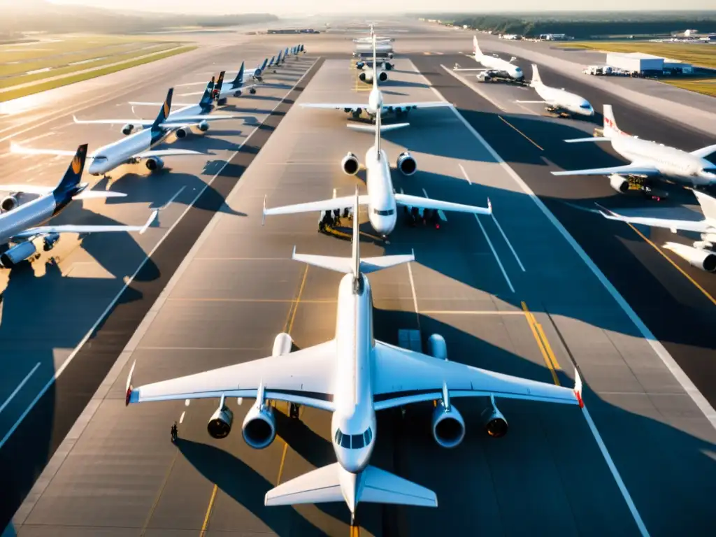 Aviones alineados en la pista, reflejando la vitalidad del aeropuerto