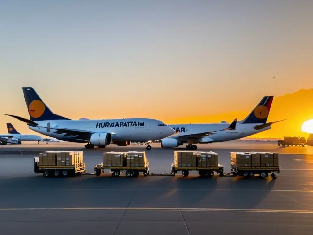 Aviones entrega ayuda humanitaria: Aviones de carga con logotipos de organizaciones humanitarias, cargados de suministros al atardecer