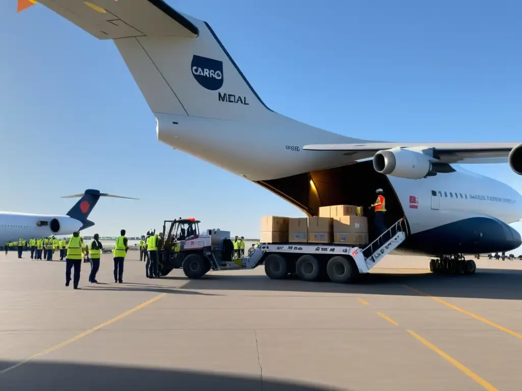 Aviones entrega ayuda humanitaria: Trabajadores cargan suministros médicos en un avión de carga, mostrando coordinación y urgencia