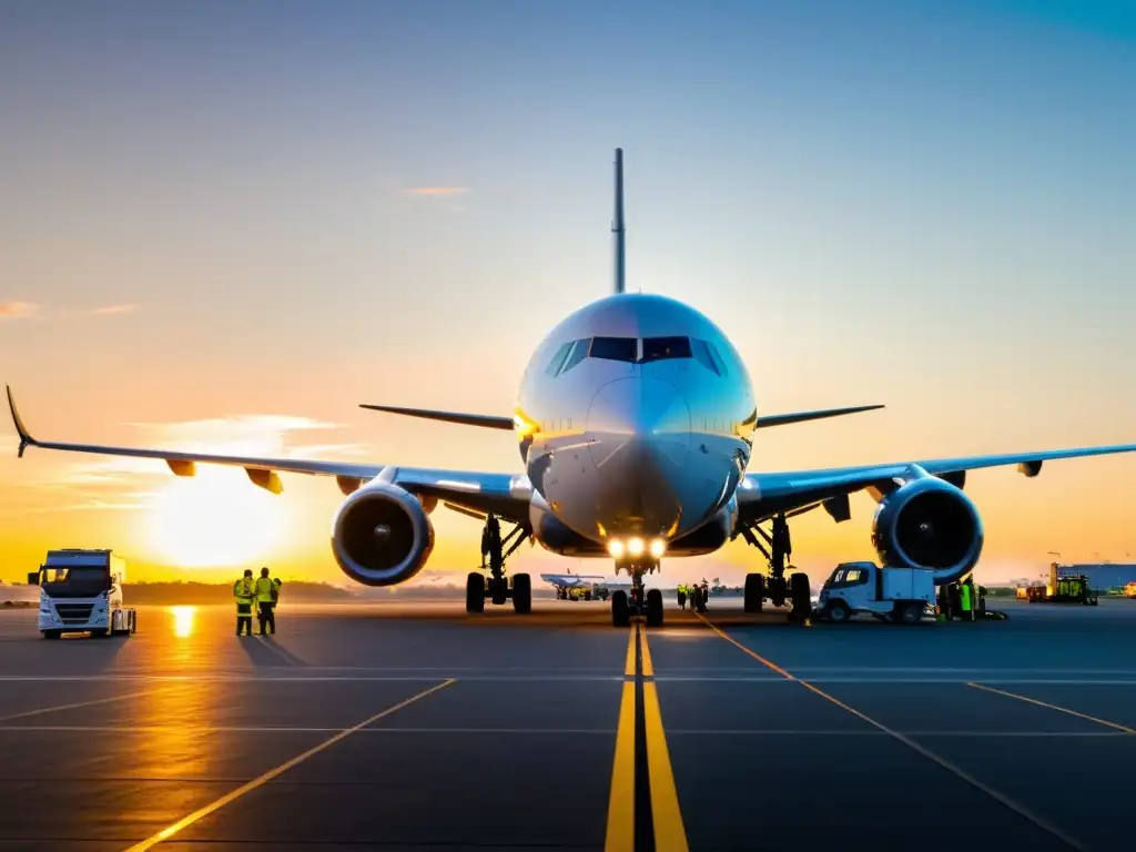 Aviones más grandes del mundo: Escena de mantenimiento con trabajadores y detalles impresionantes del avión de dos pisos en la pista al atardecer