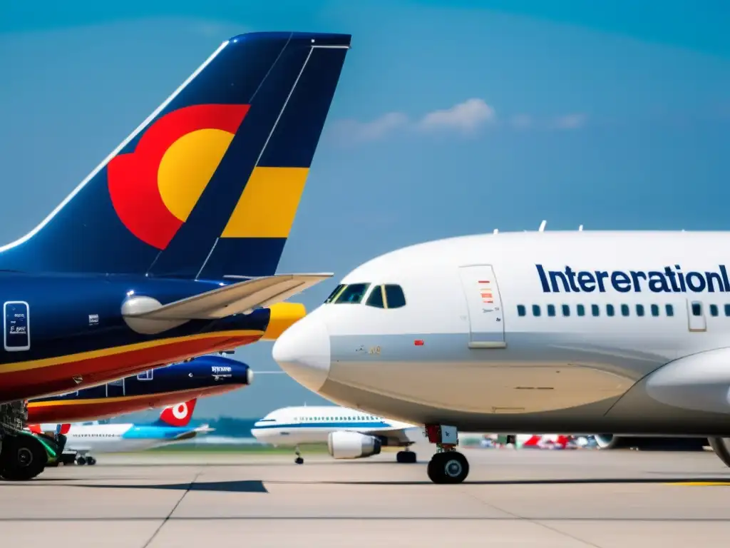 Dos aviones de diferentes países, con sus banderas en las colas, en un aeropuerto internacional