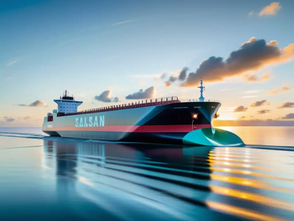 Barco de carga del futuro: Tecnología y naturaleza en armonía Un barco de carga futurista con diseño aerodinámico, impulsado por energía sostenible, surcando un océano tranquilo al atardecer