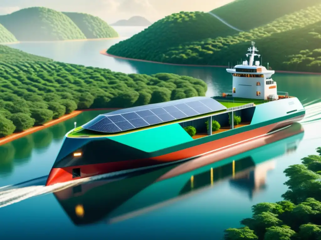 Nave de carga futurista ecoamigable rodeada de vegetación exuberante Un barco de carga futurista con diseño aerodinámico, rodeado de exuberante vegetación