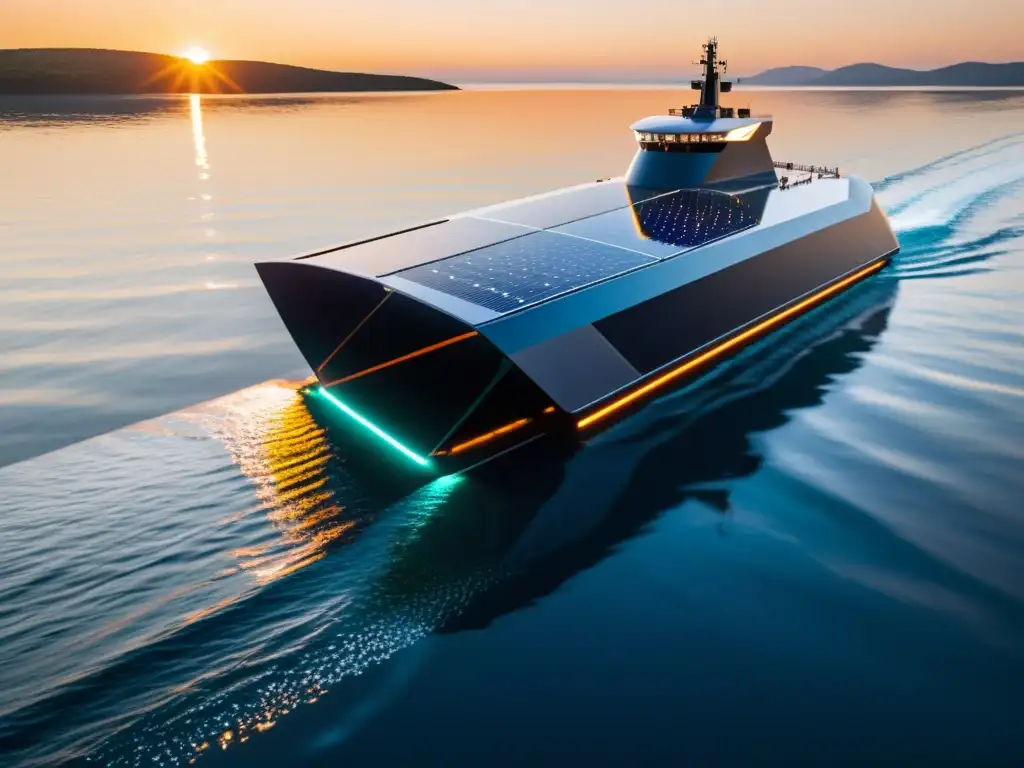 Un barco de carga futurista y elegante navega de forma autónoma, impulsado por paneles solares